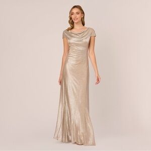 Adrianna Papell Gold Metallic Draped Neck Gown SZ 12 NWT Formal Evening GALA MOB
